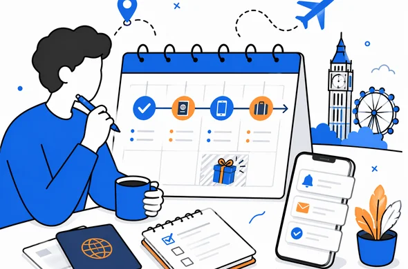 Flat vector illustration of organized travel timing for a surprise London trip, with calendar checkpoints, passport, phone notifications and calm planning mood, faceless abstract characters, minimal background, Aid-Air palette, clean modern tech feel