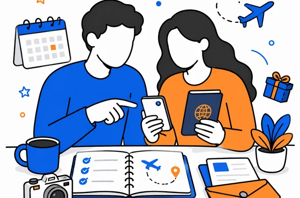 Semi-flat vector illustration of two faceless abstract travelers calmly reviewing passport, phone and travel notes together before a London surprise trip, minimal background, organized supportive mood, Aid-Air palette, clean modern tech feel