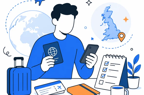 Flat semi-flat vector illustration, faceless abstract traveler organizing passport, phone, tickets and checklist for a first trip to the UK or Europe, calm organized atmosphere, minimal background, Aid-Air palette, clean modern tech feel