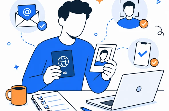 Flat semi-flat vector illustration, faceless abstract traveler checking passport, email and face photo before starting a UK ETA application, calm organized atmosphere, minimal background, Aid-Air palette, clean modern tech feel