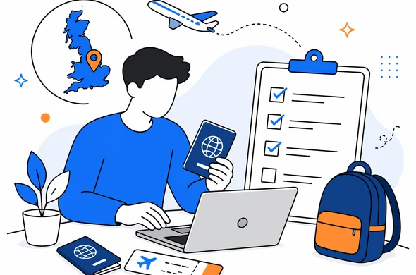 Flat semi-flat vector illustration, faceless abstract traveler planning a one-way trip to the UK with passport, laptop, ticket and checklist, calm organized atmosphere, minimal background, Aid-Air palette, clean modern tech feel