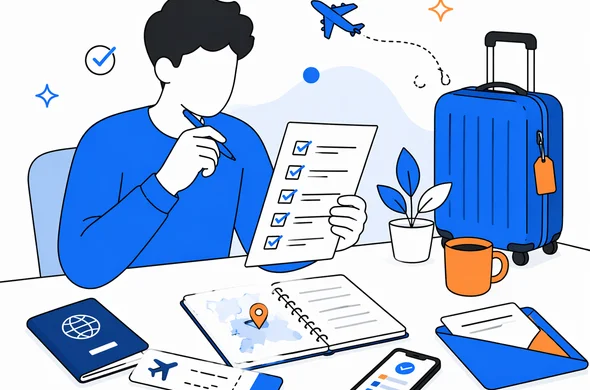 Flat semi-flat vector illustration, faceless abstract traveler reviewing a pre-flight checklist for UK travel, passport, phone, itinerary and documents on desk, calm organized atmosphere, minimal background, Aid-Air palette, clean modern tech feel