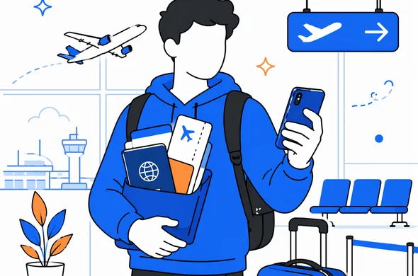Flat semi-flat vector illustration, faceless abstract traveler at airport holding organized documents and phone, calm confident posture, minimal background, Aid-Air palette, clean modern tech feel