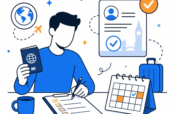 Flat semi-flat vector illustration, faceless abstract traveler planning multiple UK trips with passport, ETA confirmation, calendar and checklist, calm organized atmosphere, minimal background, Aid-Air palette, clean modern tech feel.