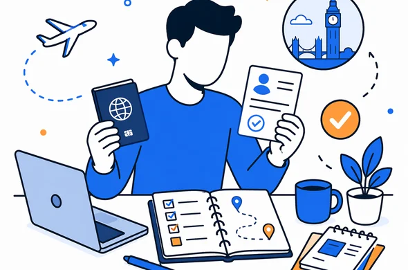 Flat semi-flat vector illustration, faceless abstract traveler comparing passport, ETA details and travel notes before a second UK trip, calm organized desk scene, minimal background, Aid-Air palette, modern SaaS style.