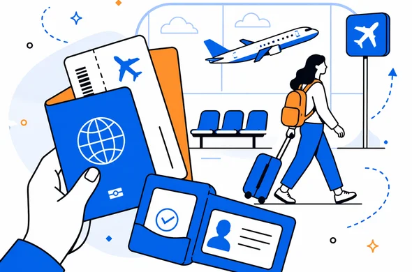 flat vector illustration of travel documents, passport, boarding pass, and UK domestic connection after arrival, calm airport scene, faceless abstract characters, clean modern tech feel, minimal background, Aid-Air palette