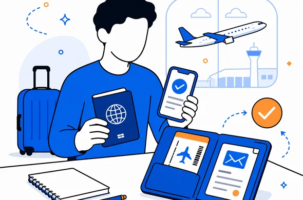 flat semi-flat vector illustration of traveler organizing passport, phone, booking email and boarding pass before a domestic UK flight, calm organized atmosphere, minimal background, Aid-Air palette