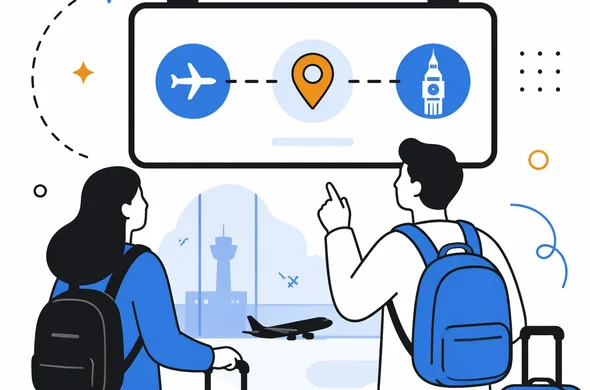 Flat vector illustration of an airport route board showing a trip to the UK via another country, abstract faceless travelers, calm organized mood, minimal background, Aid-Air color palette, clean modern tech feel