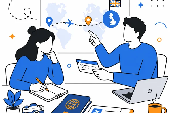 Semi-flat vector illustration of travel planning desk with passport, boarding pass and route arrows to the UK, faceless abstract characters, calm organized atmosphere, minimal background, Aid-Air palette, clean modern tech style