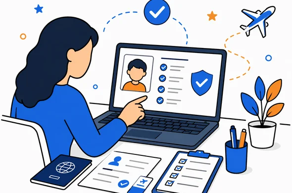 Flat vector illustration of final review of a UK ETA application for a child traveler, parent checking details on screen with documents beside, faceless abstract characters, calm organized atmosphere, minimal background, Aid-Air palette, modern tech feel