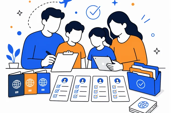 Flat vector illustration of a family planning multiple UK ETA applications with checklists, passports and organized folders, faceless abstract characters, calm organized atmosphere, minimal background, Aid-Air palette, clean modern tech feel.