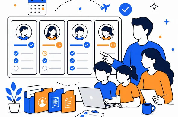 Flat vector illustration of organized status tracking for multiple family travelers, separate cards per traveler, faceless abstract characters, calm organized atmosphere, minimal background, Aid-Air palette, clean modern tech feel.