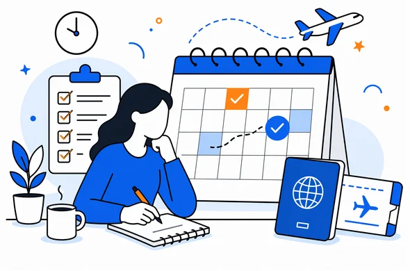 Flat vector illustration of a traveler planning a UK ETA application timeline before a flight, calendar, passport, checklist, calm organized atmosphere, faceless abstract characters, minimal background, Aid-Air palette, clean modern tech feel.
