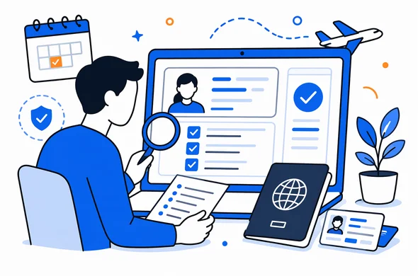 Flat vector illustration of a person reviewing passport details and application information before submitting UK ETA, checklist and magnifying glass, calm organized atmosphere, faceless abstract characters, minimal background, Aid-Air palette, clean modern tech feel.
