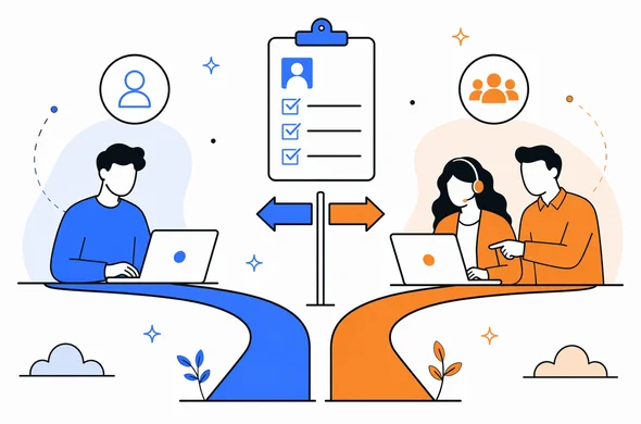 Flat vector illustration of two parallel paths for a UK ETA application, one self-service and one guided assistance, faceless abstract characters, clean modern tech feel, calm organized atmosphere, minimal background, Aid-Air palette