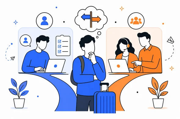 Semi-flat vector illustration of a traveler deciding between self-guided and assisted UK ETA application, faceless abstract characters, clean modern tech feel, calm organized atmosphere, minimal background, Aid-Air palette