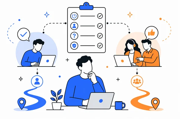 Flat vector illustration of an organized decision process for choosing a UK ETA application path, checklist and calm faceless abstract characters, modern tech feel, minimal background, Aid-Air palette