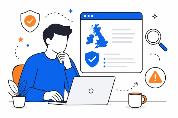 Flat vector illustration of a traveler calmly reviewing a UK travel authorization website on a laptop, faceless abstract characters, organized interface, minimal background, Aid-Air palette, clean modern tech feel, semi-flat vector