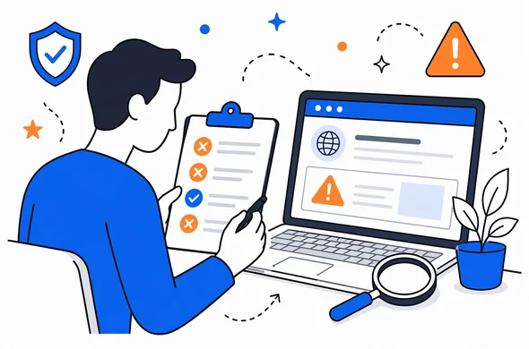 Flat vector illustration of a traveler using a checklist to review warning signs on a travel authorization website, faceless abstract characters, calm organized atmosphere, minimal background, Aid-Air palette, clean modern tech feel, semi-flat vector