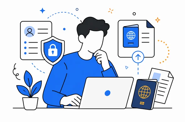 Flat semi-flat vector illustration, faceless abstract traveler reviewing privacy and data submission on a laptop, calm organized atmosphere, minimal background, modern tech feel, Aid-Air palette, clean shapes, subtle passport and shield icons