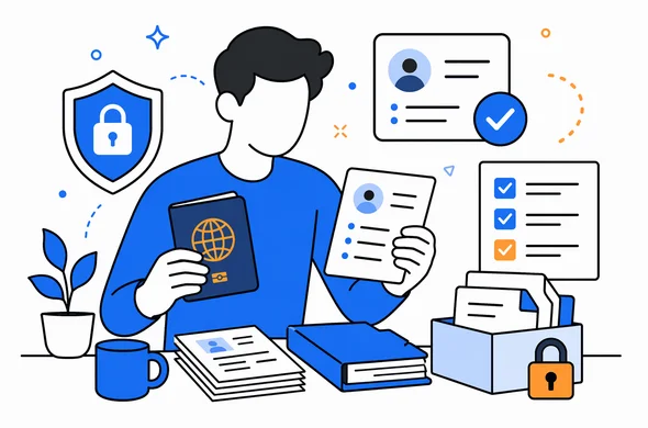 Flat semi-flat vector illustration, abstract faceless user organizing passport details, personal info and secure documents, shield and checklist icons, calm organized desk scene, minimal background, modern SaaS look, Aid-Air palette