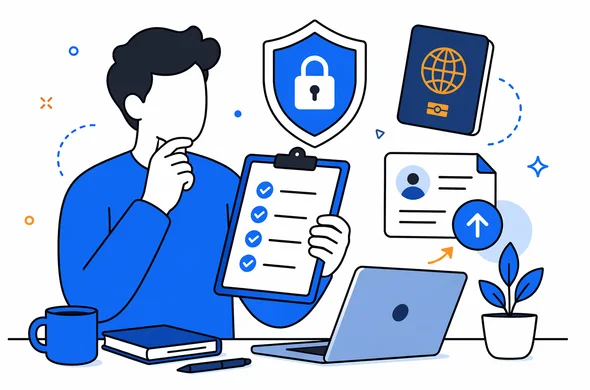 Flat semi-flat vector illustration, abstract faceless person reviewing a calm privacy checklist before uploading documents, shield, passport and laptop icons, minimal background, clean modern tech feel, Aid-Air palette
