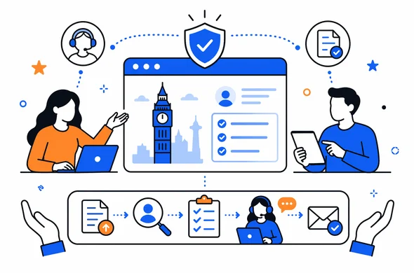 Flat vector illustration showing a transparent online visa support workflow with a focused site layer and a broader support framework, faceless abstract characters, clean modern tech feel, minimal background, Aid-Air palette