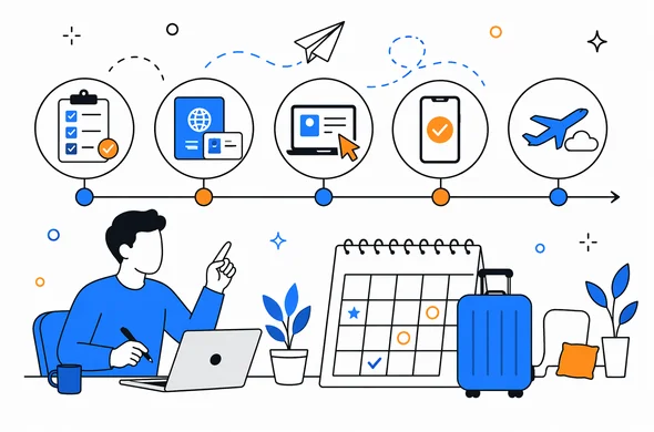 Flat vector illustration of a calm travel timeline for UK ETA preparation before a trip, faceless abstract characters, organized workflow, minimal background, Aid-Air palette, clean modern tech feel