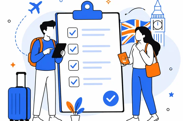 Flat vector illustration, faceless abstract travelers reviewing UK ETA details on a checklist, calm organized atmosphere, minimal background, Aid-Air palette, clean modern tech feel, flat/semi-flat vector style