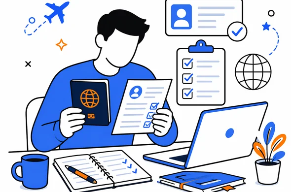 Flat vector illustration, abstract faceless person comparing passport details and travel notes before submitting UK ETA, calm organized atmosphere, minimal background, Aid-Air palette, clean modern tech feel