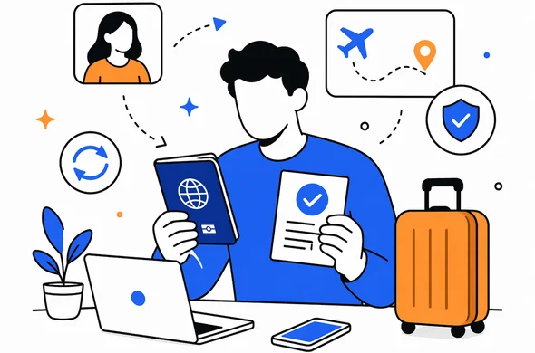 Flat vector illustration of a traveler reviewing passport, ETA approval and travel details after a change in circumstances, calm organized atmosphere, faceless abstract characters, minimal background, Aid-Air palette, clean modern tech feel