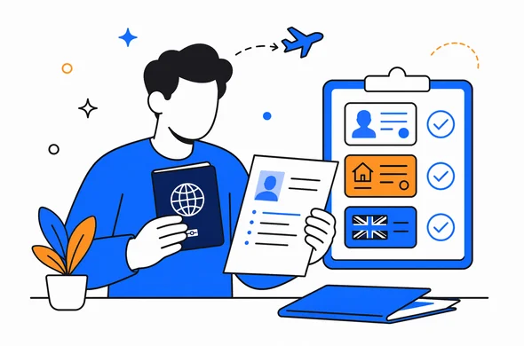 Flat vector illustration of a traveler reviewing UK entry documents and status notes, clean modern tech feel, faceless abstract character, calm organized atmosphere, minimal background, Aid-Air palette.