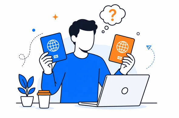 Flat vector illustration of a traveler comparing two passports before starting a UK ETA application, faceless abstract character, clean modern tech feel, calm organized atmosphere, minimal background, Aid-Air palette.