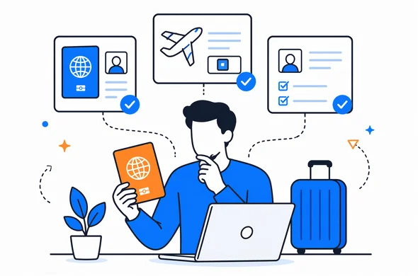 Flat vector illustration of a traveler checking consistency between passport, travel booking and ETA application, faceless abstract character, calm organized atmosphere, minimal background, Aid-Air palette, clean modern tech feel.