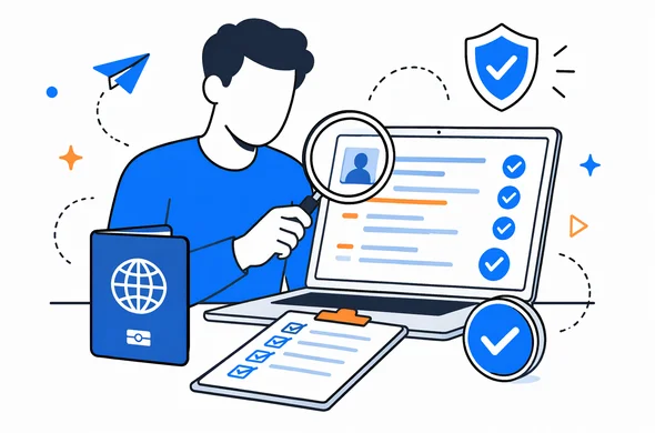 Flat vector illustration of a final pre-submission review for a UK ETA application with passport and checklist, faceless abstract characters, minimal background, clean modern tech feel, Aid-Air palette.