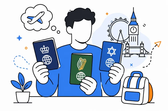 Flat vector illustration of an Israeli traveler comparing British, Irish, and Israeli passports before a UK trip, faceless abstract characters, calm organized atmosphere, minimal background, Aid-Air palette, clean modern tech feel