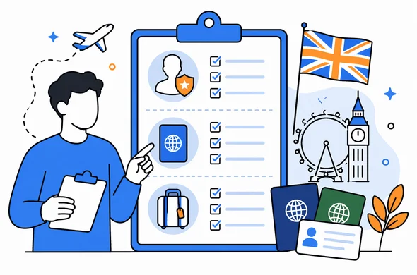 Flat vector illustration of a structured checklist separating citizenship, passport, and travel status for UK entry, faceless abstract characters, calm organized atmosphere, minimal background, Aid-Air palette, clean modern tech feel