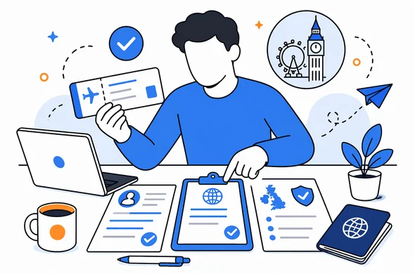 Flat vector illustration of a traveler aligning flight booking, passport details, and UK travel documents on a desk, faceless abstract characters, calm organized atmosphere, minimal background, Aid-Air palette, clean modern tech feel