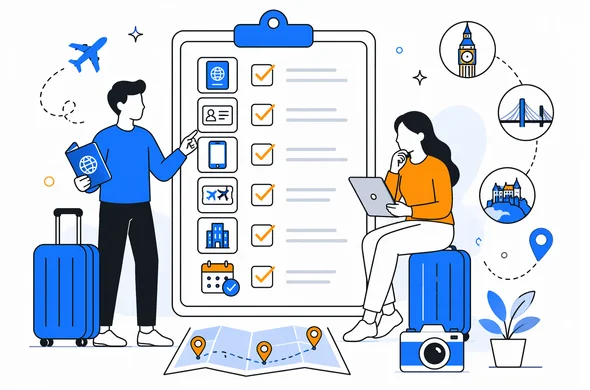 Flat vector illustration of a travel checklist for UK ETA before a multi-city trip, clean modern tech feel, faceless abstract characters, calm organized atmosphere, minimal background, Aid-Air palette