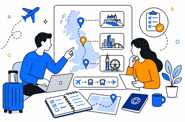 Flat vector illustration of travelers reviewing a structured UK route before submitting travel authorization, clean modern tech feel, faceless abstract characters, calm organized atmosphere, minimal background, Aid-Air palette