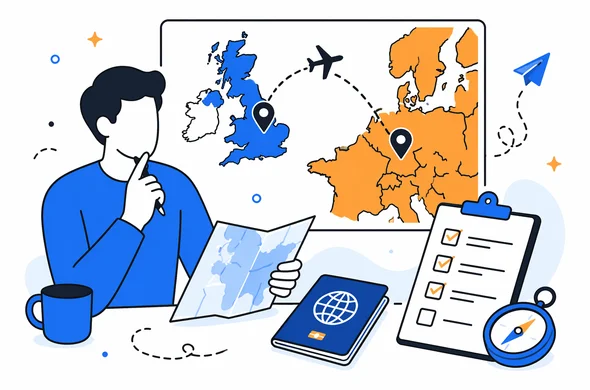 Flat vector illustration of a traveler planning a combined UK and Europe trip, route map, passport, checklist, clean modern tech feel, faceless abstract characters, calm organized atmosphere, minimal background, Aid-Air palette.