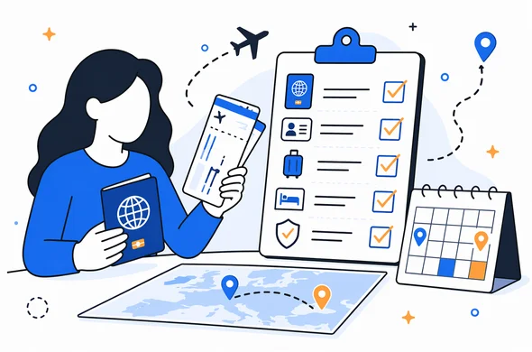 Flat vector illustration of passport, boarding passes and travel checklist for a combined UK and Europe itinerary, clean modern tech feel, faceless abstract characters, calm organized atmosphere, minimal background, Aid-Air palette.