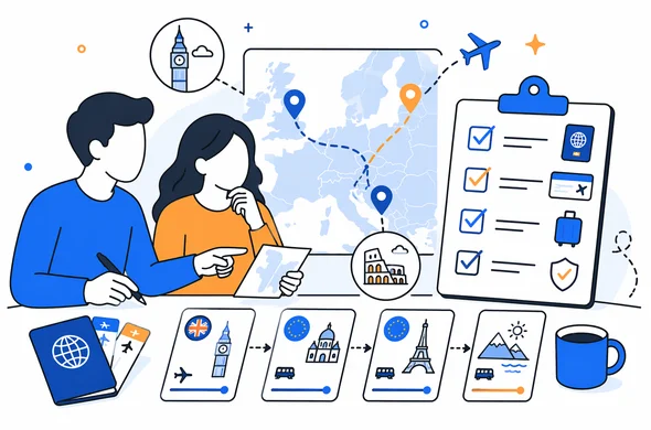 Flat vector illustration of travelers calmly organizing a combined UK and Europe route with checklist and itinerary cards, clean modern tech feel, faceless abstract characters, minimal background, Aid-Air palette.