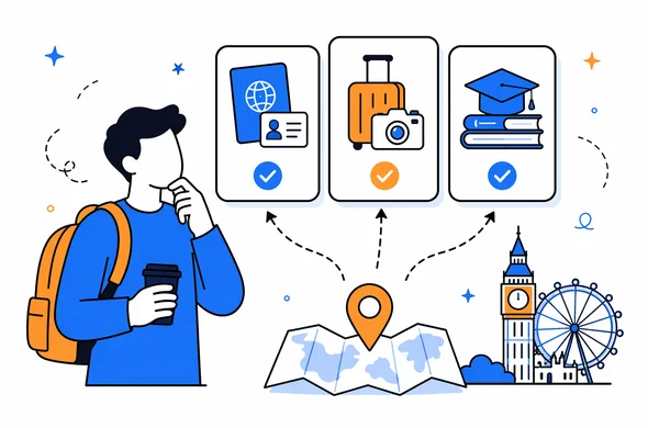 Flat vector illustration of a traveler comparing UK ETA, visitor route, and study route for a short course in England, faceless abstract character, calm organized atmosphere, minimal background, Aid-Air palette, clean modern tech feel