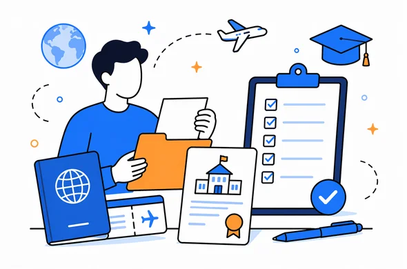 Flat vector illustration of organized travel documents for a short course in England, including passport, course confirmation, and checklist, faceless abstract style, calm organized atmosphere, minimal background, Aid-Air palette, clean modern tech feel