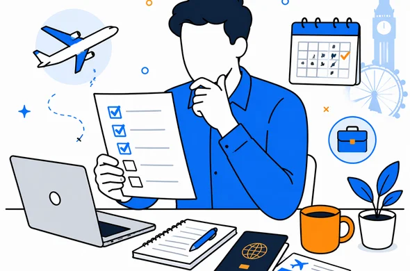 Flat semi-flat vector illustration, faceless abstract professional reviewing a UK ETA checklist for a short business trip, passport notes flight booking and calendar on desk, calm organized atmosphere, minimal background, Aid-Air palette, clean modern tech feel