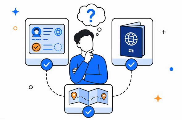 Flat vector illustration of a structured comparison between an existing visa, passport, and travel plan, clean modern tech feel, faceless abstract characters, calm organized atmosphere, minimal background, Aid-Air palette.