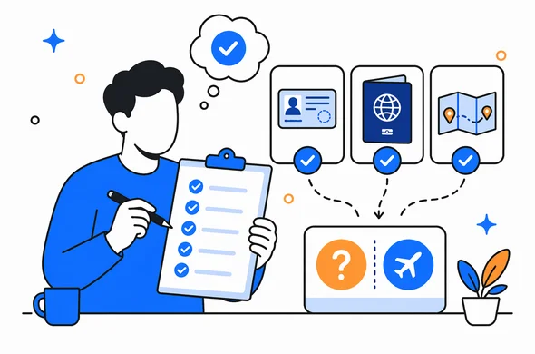 Flat vector illustration of a traveler completing a final checklist before deciding on a UK ETA application, clean modern tech feel, faceless abstract character, calm organized atmosphere, minimal background, Aid-Air palette.